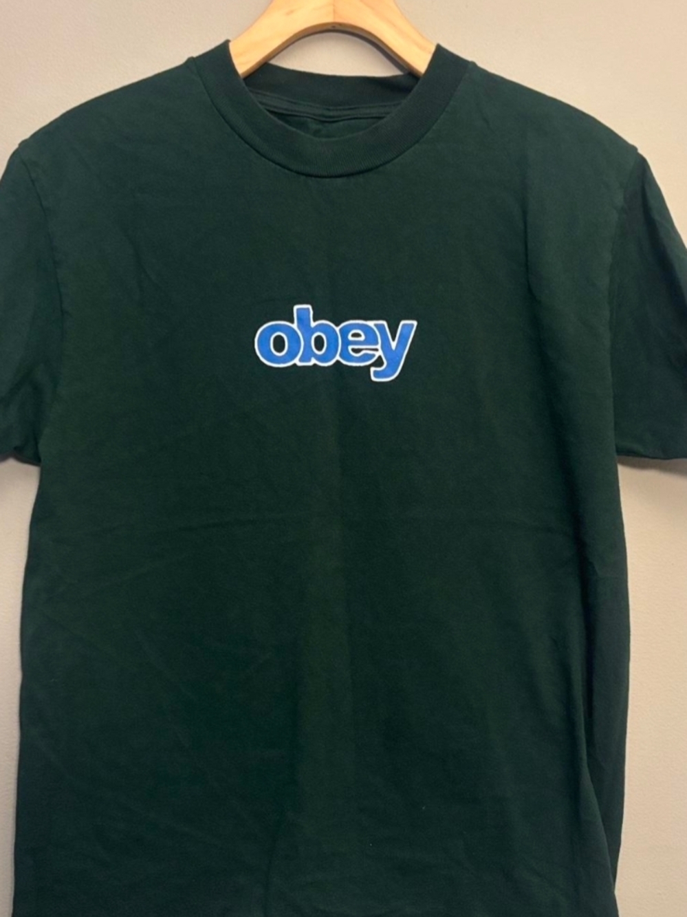 Obey Deep Green Short-Sleeve Tee with Blue Logo New